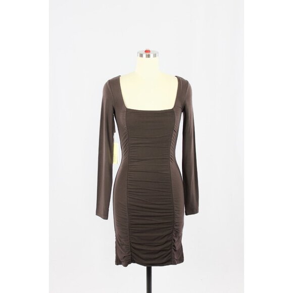 NWT Aritzia WILFRED Lydia Mocha Brown Jersey Ruched Front Mini Dress, Size X - Picture 1 of 16